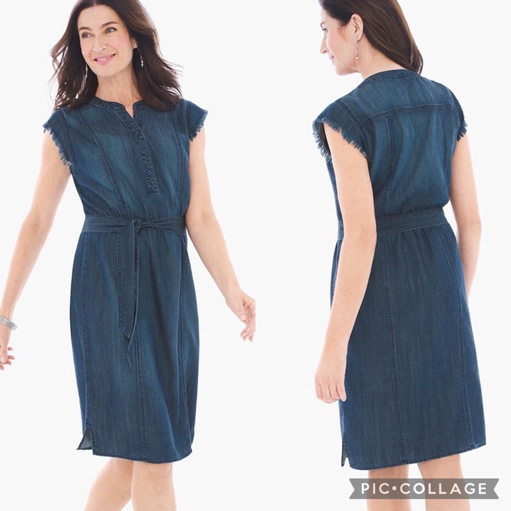 Chico's Denim Fringe Short Tie Waist Shirt Dress Size 3 [X-Large]